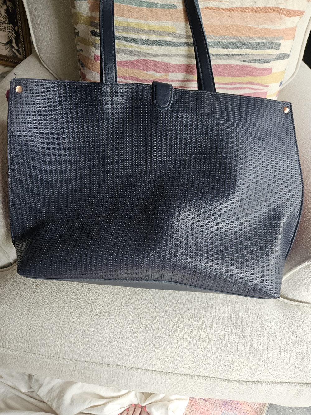 Navy Textured Tote Bag with Tassel - Picture 2 of 5